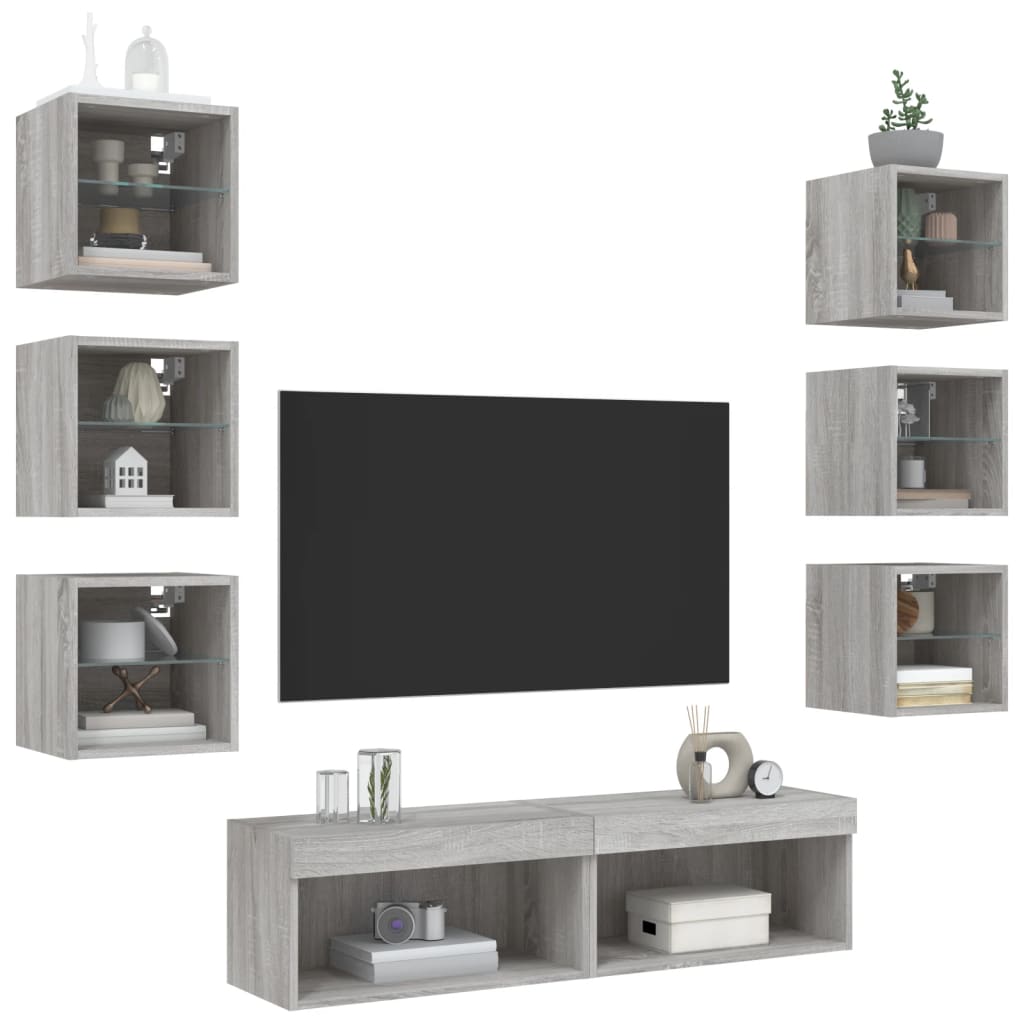 Sienas TV plaukts ar LED, 8 daļas, pelēks ozols, koks