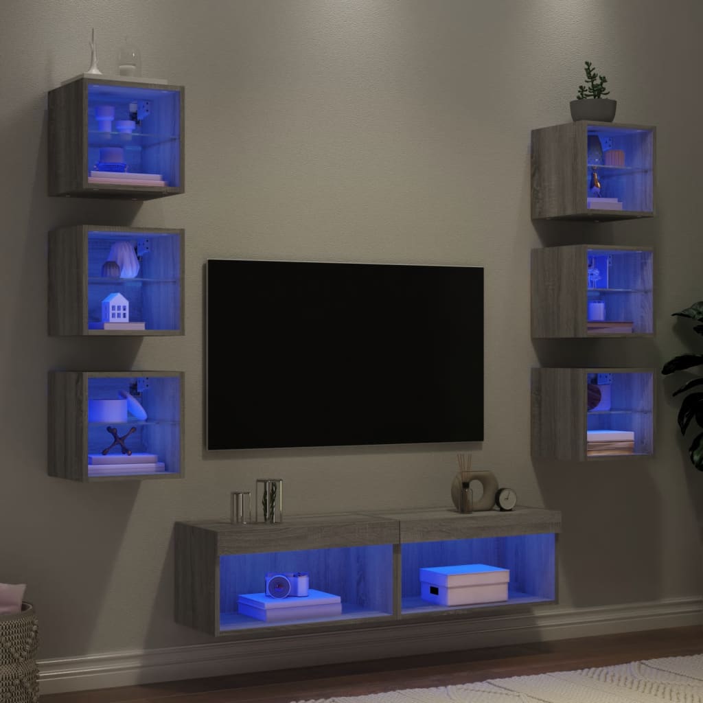 Sienas TV plaukts ar LED, 8 daļas, pelēks ozols, koks