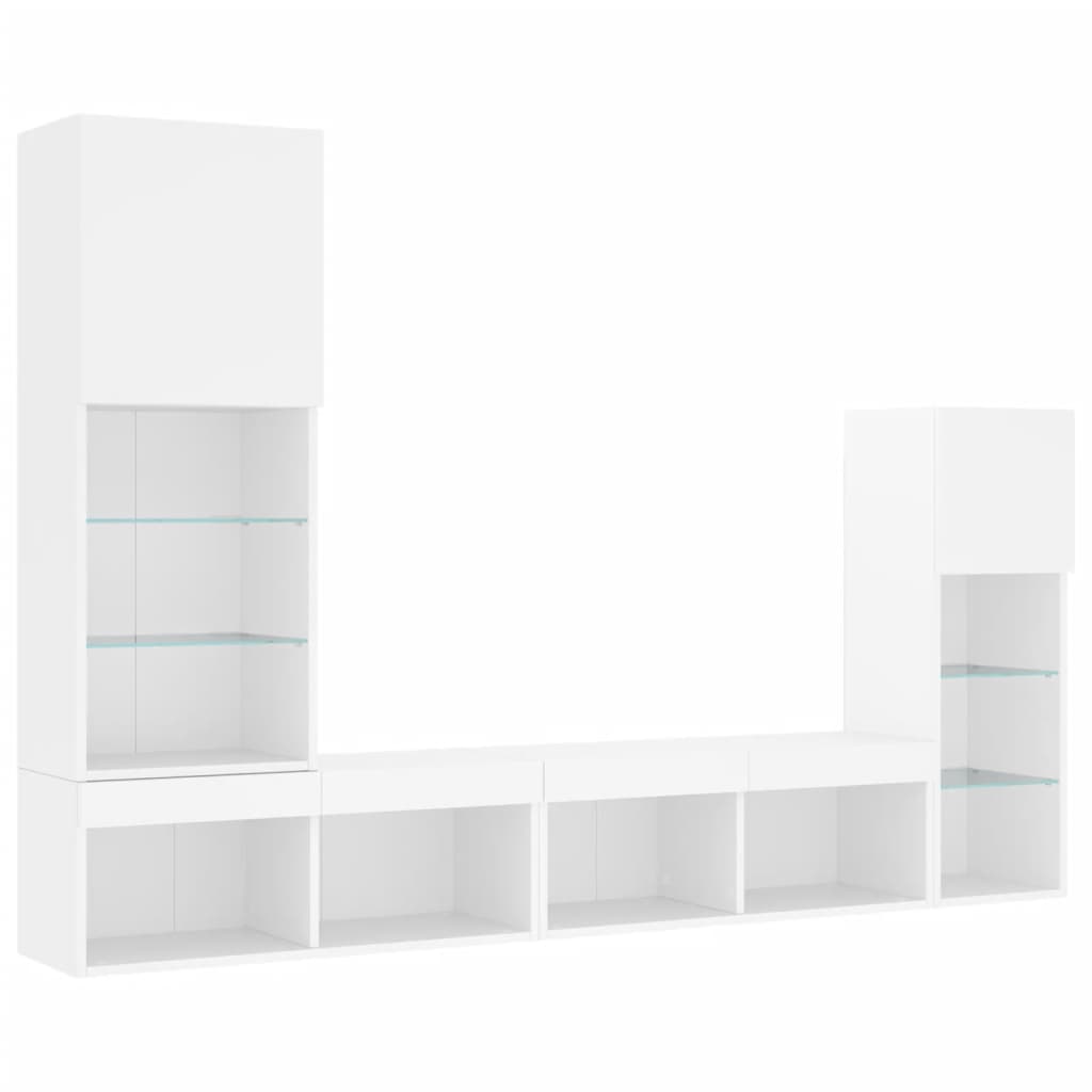 Sieninė TV sekcija su LED, 4 dalių, balta, apdirbta mediena