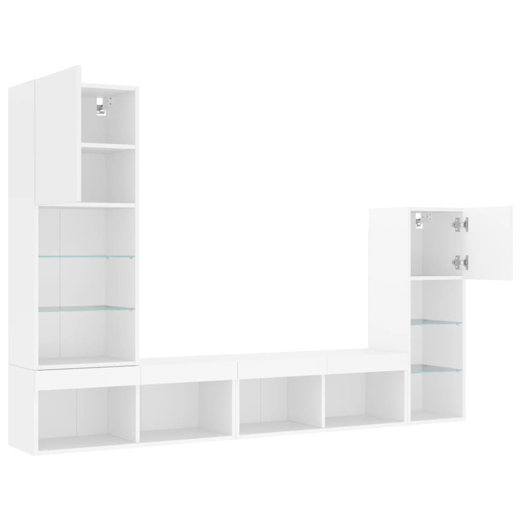 Sieninė TV sekcija su LED, 4 dalių, balta, apdirbta mediena