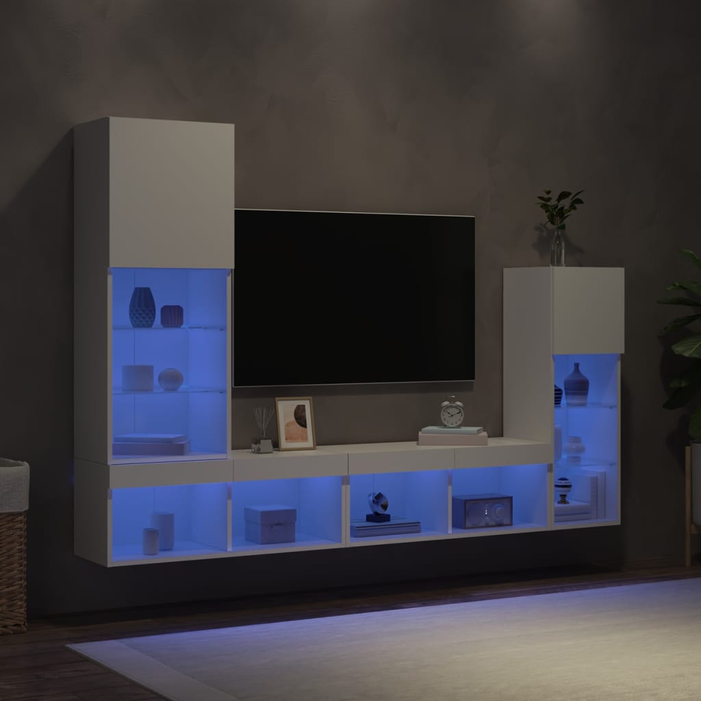 Sieninė TV sekcija su LED, 4 dalių, balta, apdirbta mediena