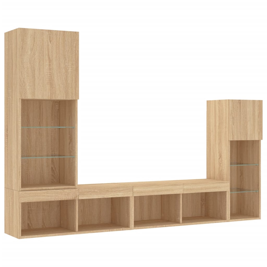 Sieninė TV sekcija su LED, 4 dalių, ąžuolo, apdirbta mediena