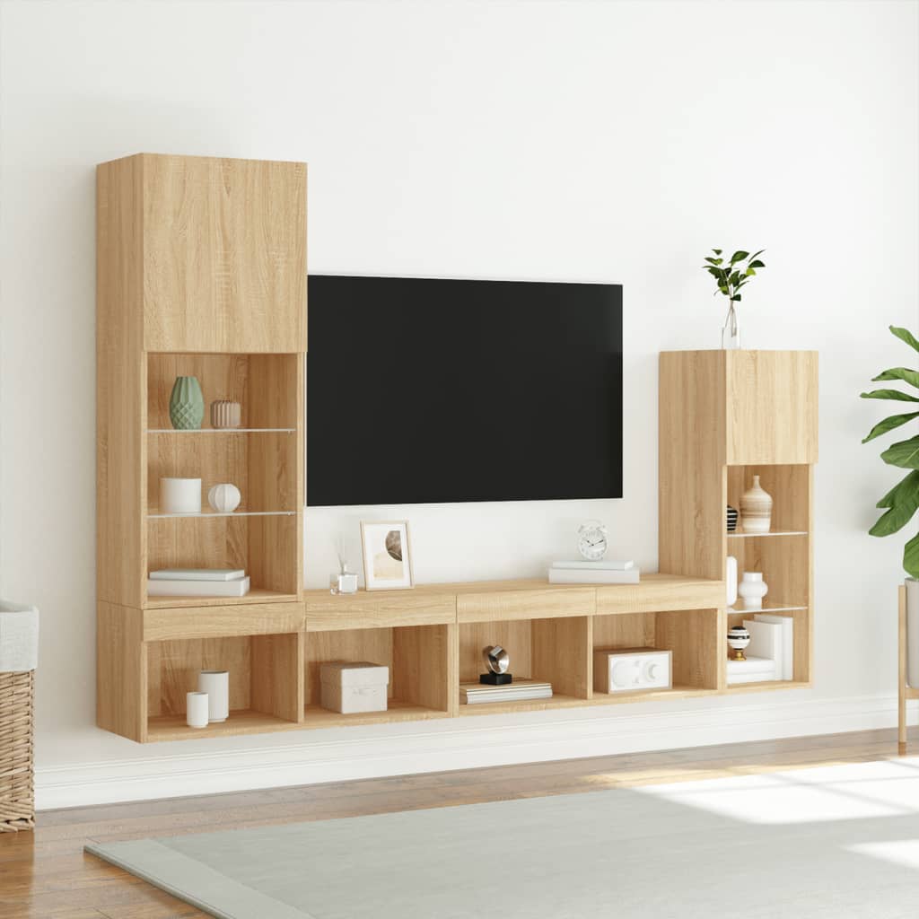 Sieninė TV sekcija su LED, 4 dalių, ąžuolo, apdirbta mediena