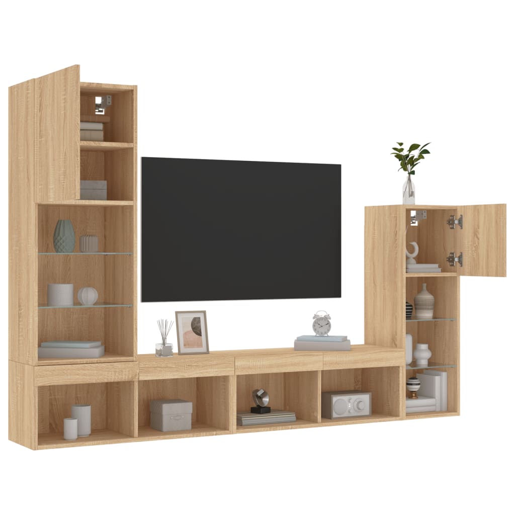 Sieninė TV sekcija su LED, 4 dalių, ąžuolo, apdirbta mediena