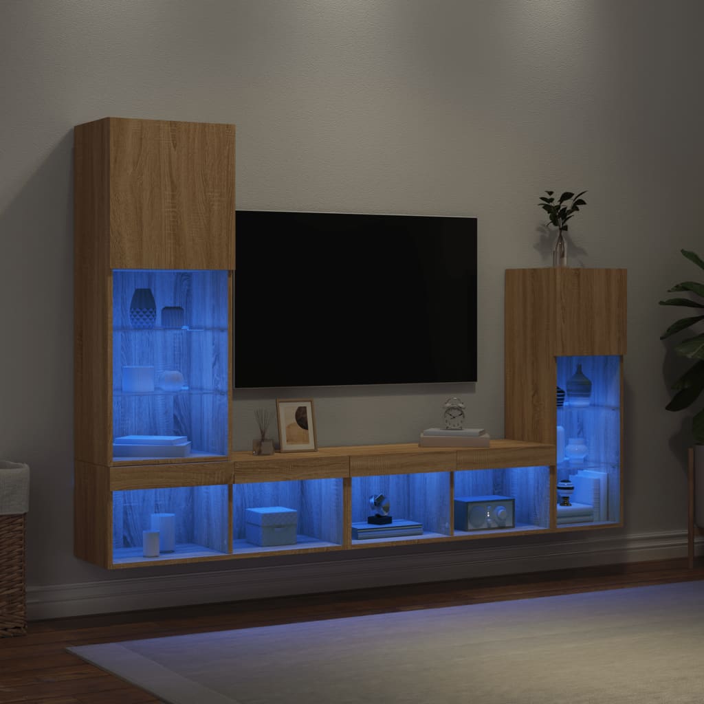 Sieninė TV sekcija su LED, 4 dalių, ąžuolo, apdirbta mediena