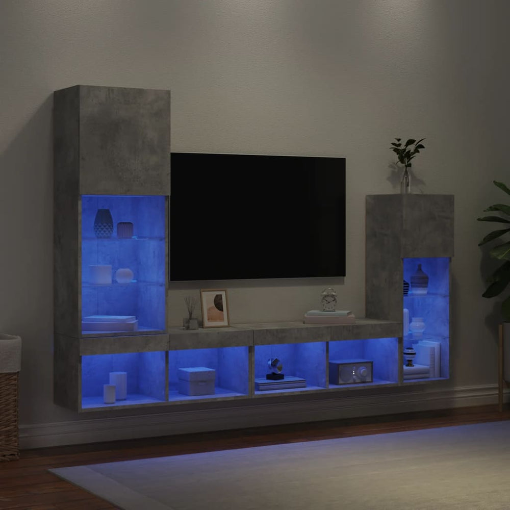 Sieninė TV sekcija su LED, 4 dalių, betono, apdirbta mediena