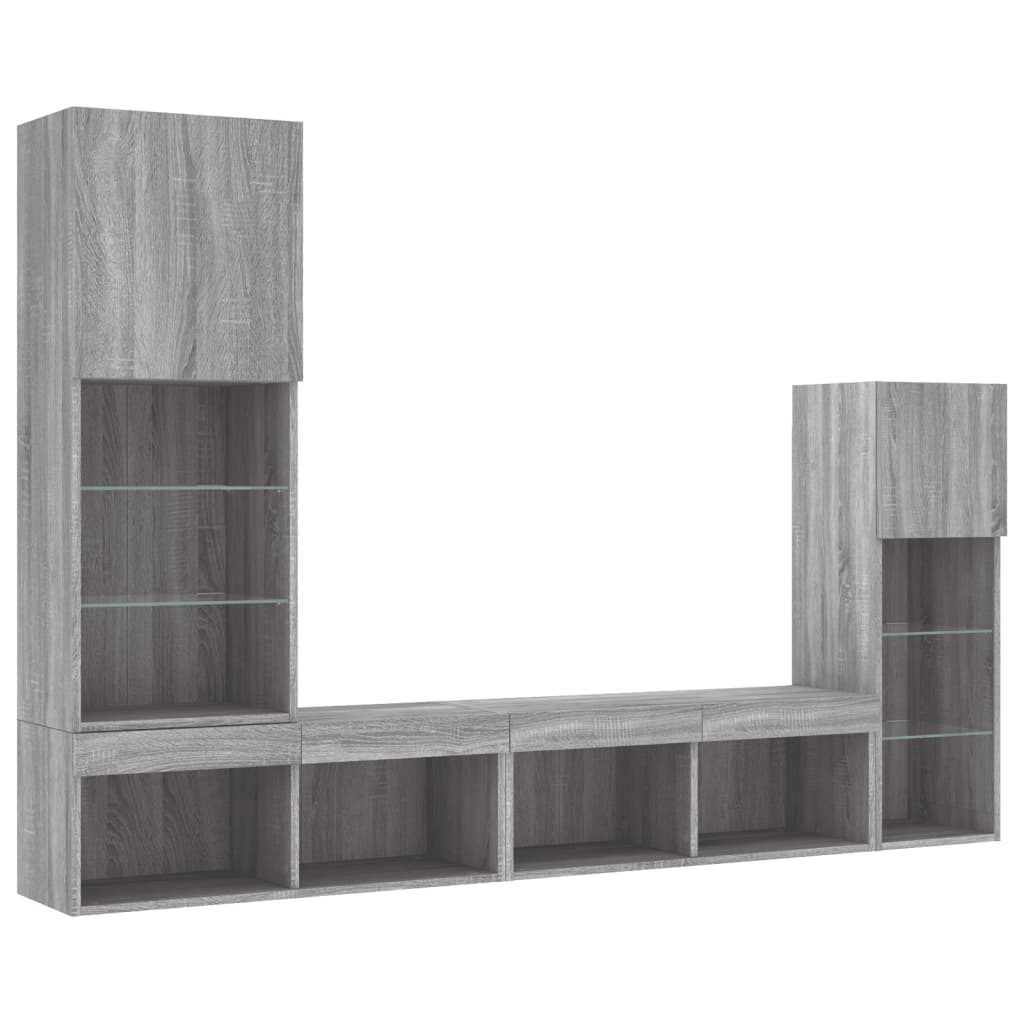 Sieninė TV sekcija su LED, 4 dalių, pilka ąžuolo, mediena
