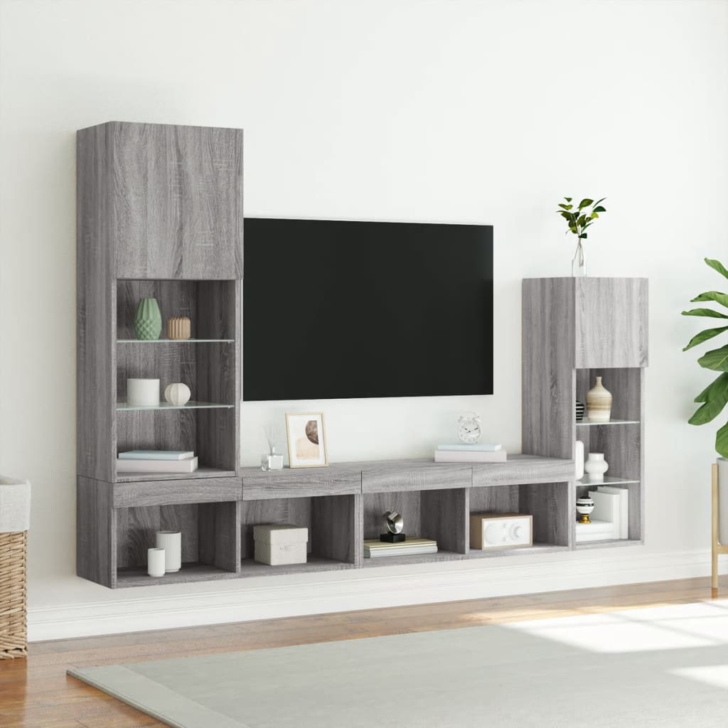 Sieninė TV sekcija su LED, 4 dalių, pilka ąžuolo, mediena