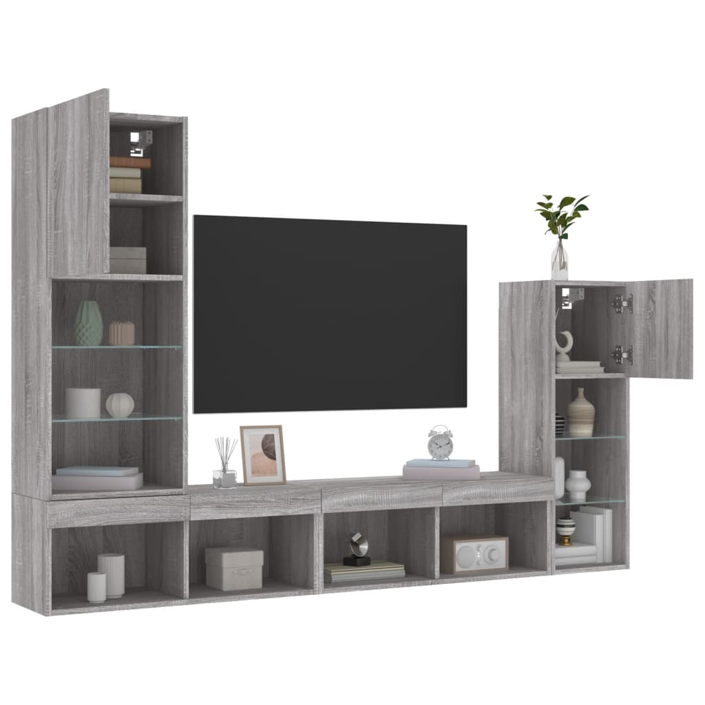 Sieninė TV sekcija su LED, 4 dalių, pilka ąžuolo, mediena