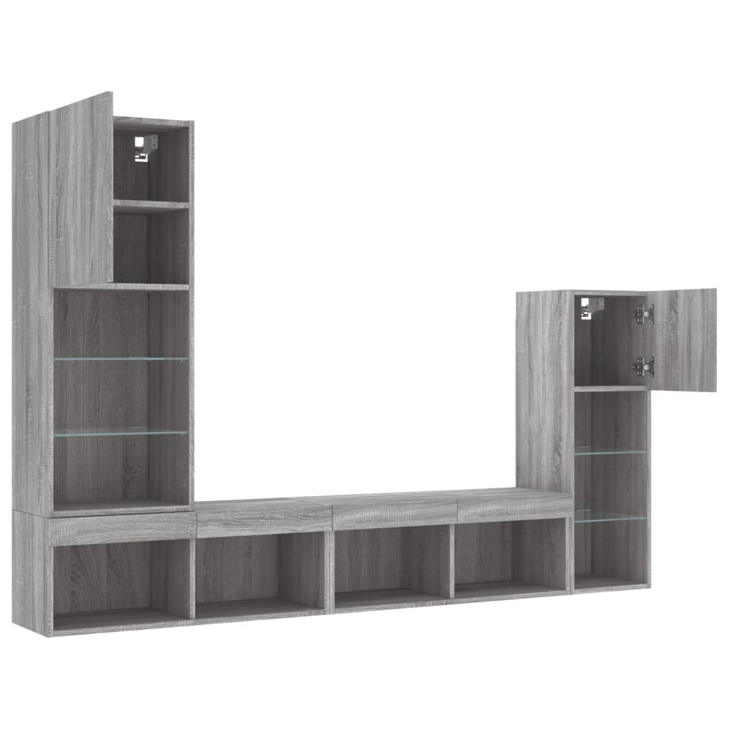 Sieninė TV sekcija su LED, 4 dalių, pilka ąžuolo, mediena