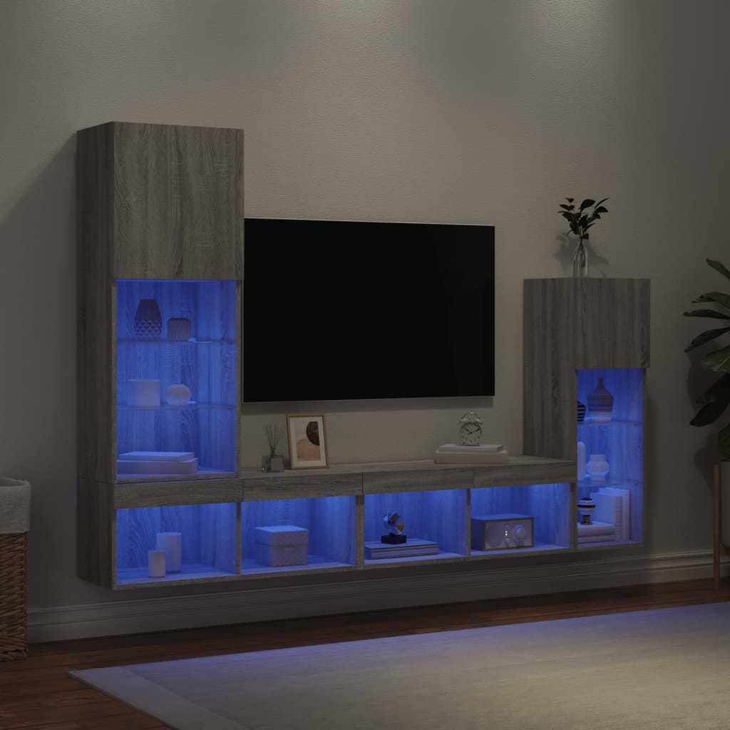Sieninė TV sekcija su LED, 4 dalių, pilka ąžuolo, mediena