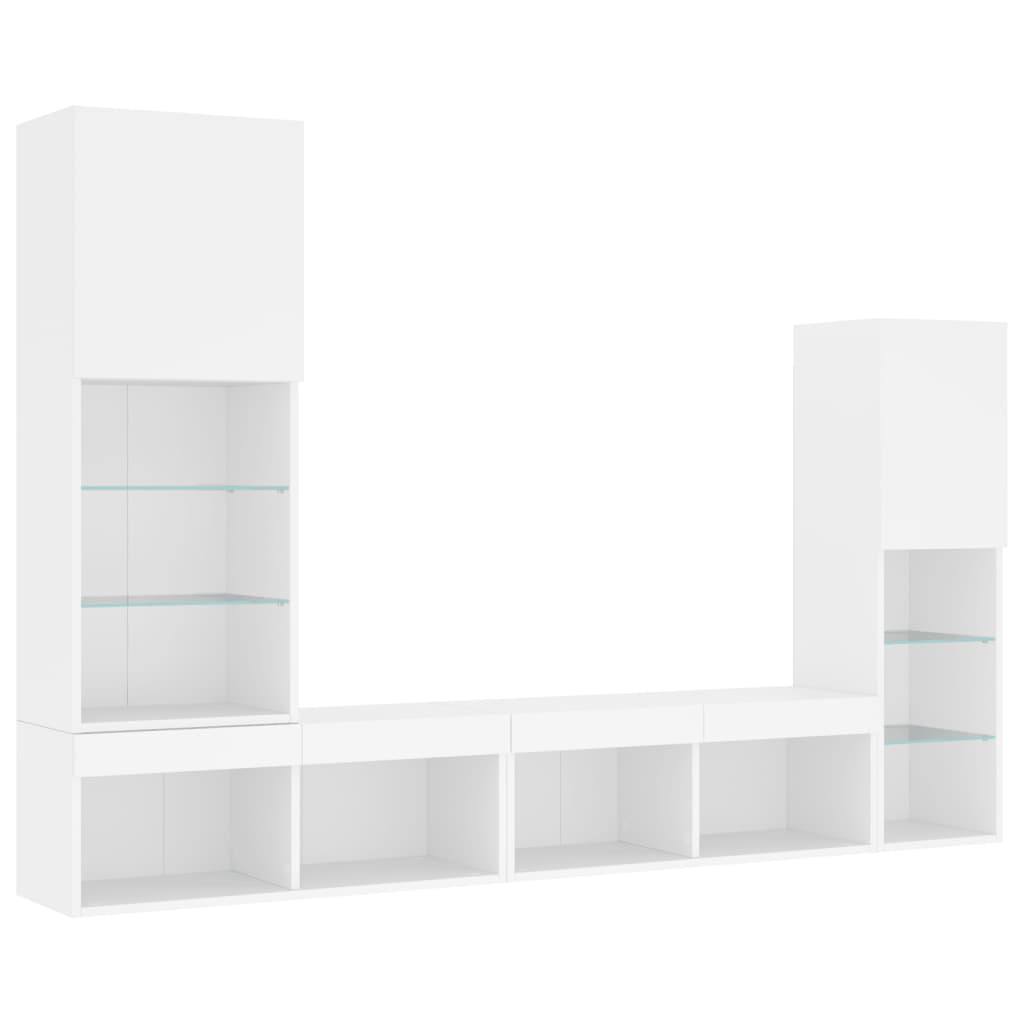 Sieninė TV sekcija su LED, 4 dalių, balta, apdirbta mediena