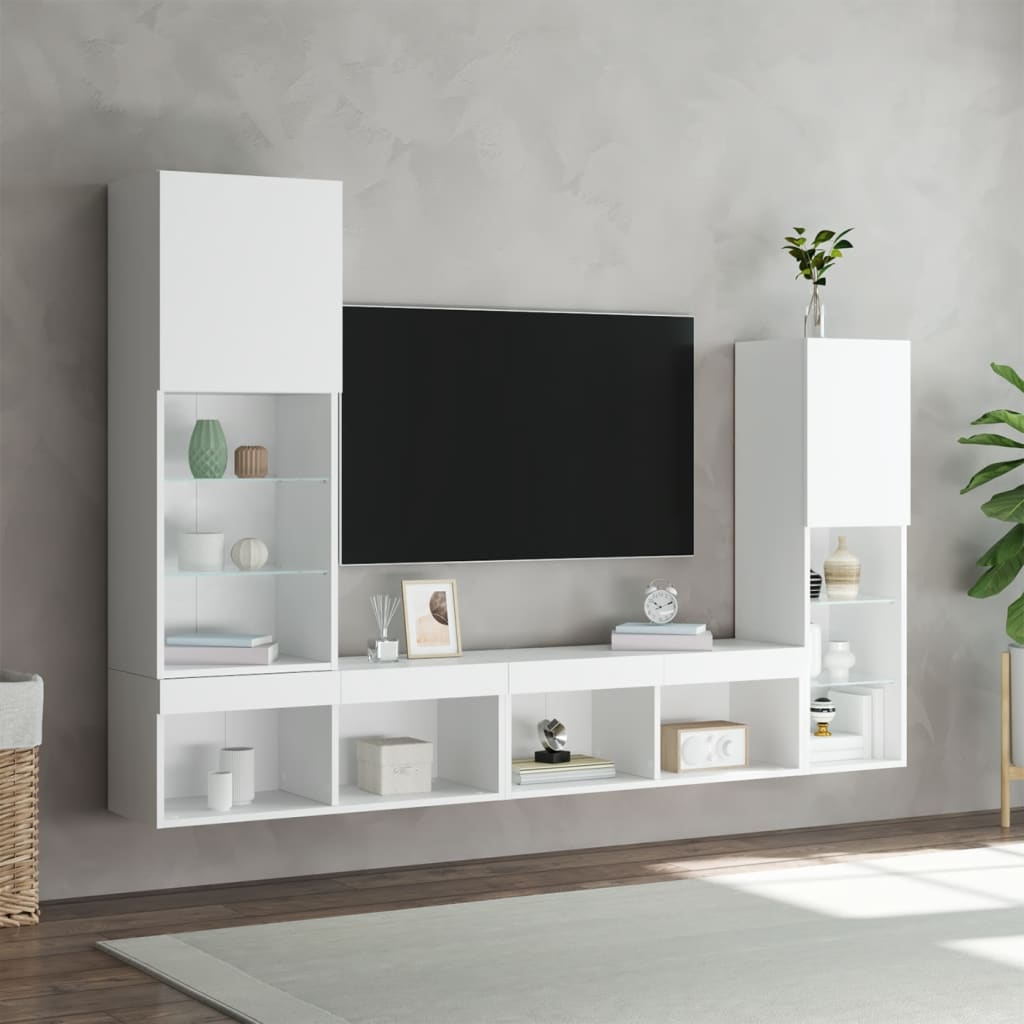 Sieninė TV sekcija su LED, 4 dalių, balta, apdirbta mediena