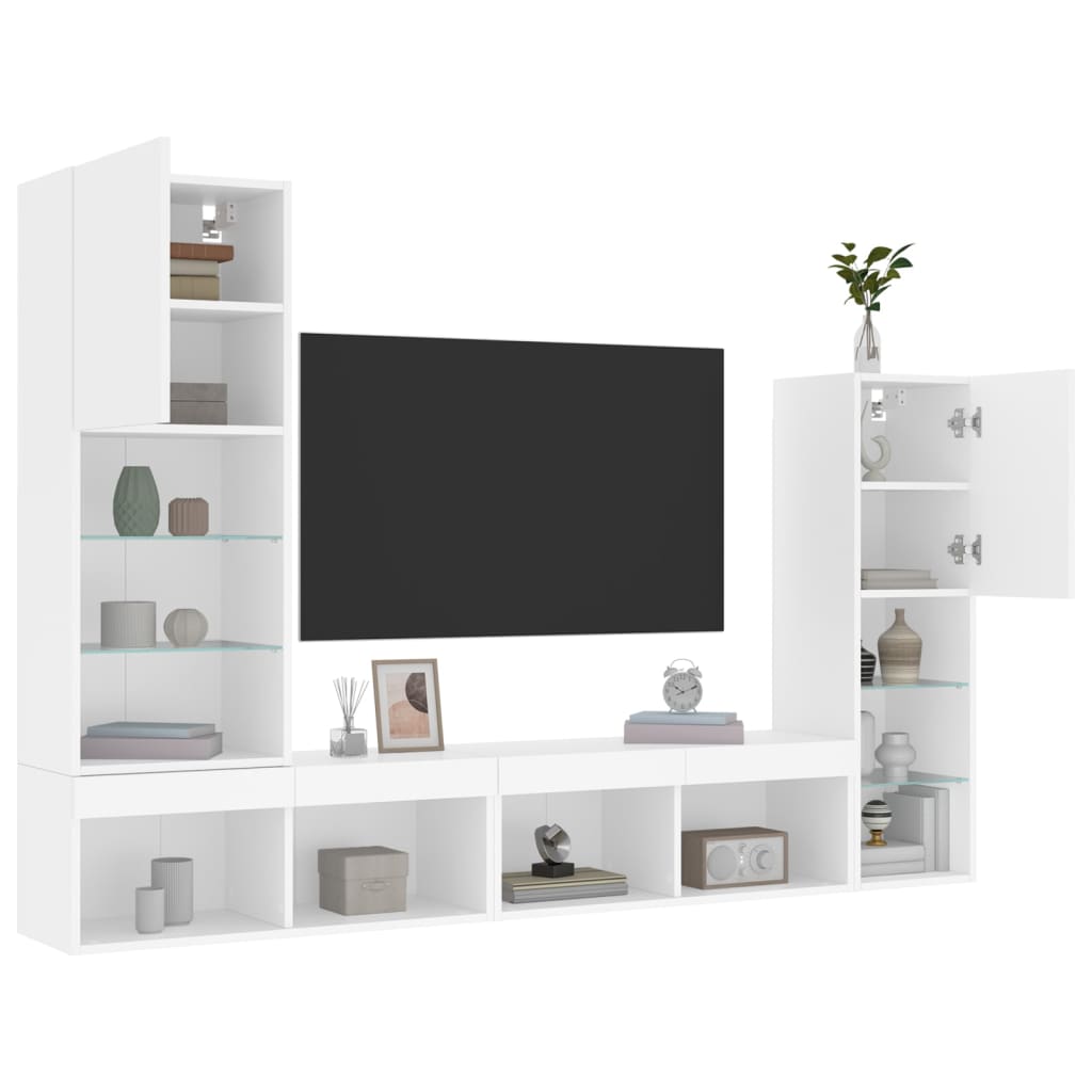 Sieninė TV sekcija su LED, 4 dalių, balta, apdirbta mediena