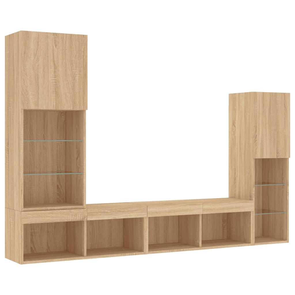 Sienas TV plaukts ar LED, 4 daļas, ozolkoka, inženierijas koks