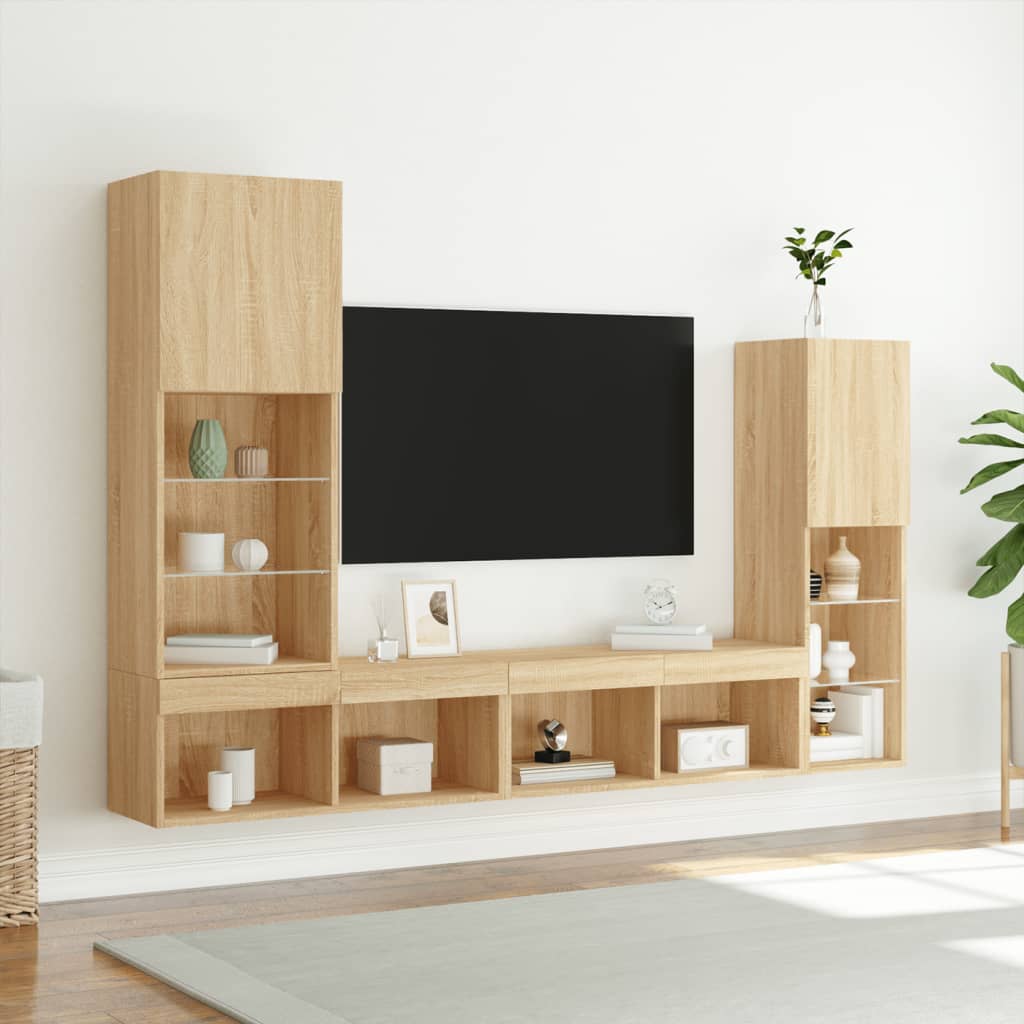 Sienas TV plaukts ar LED, 4 daļas, ozolkoka, inženierijas koks