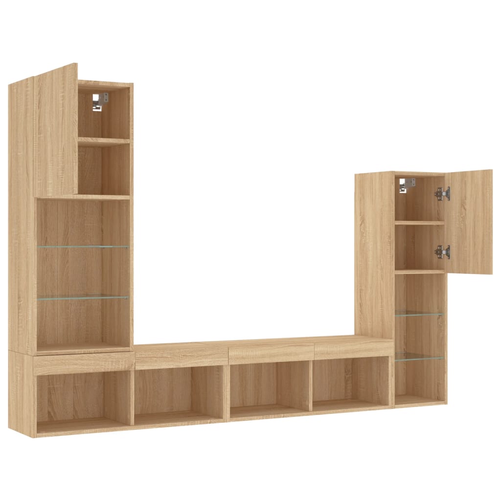 Sienas TV plaukts ar LED, 4 daļas, ozolkoka, inženierijas koks