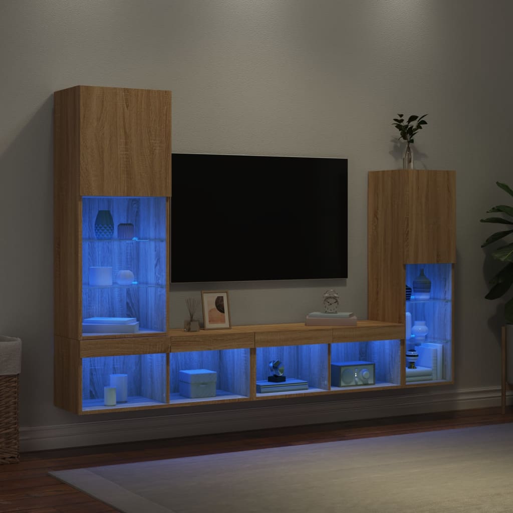 Sienas TV plaukts ar LED, 4 daļas, ozolkoka, inženierijas koks