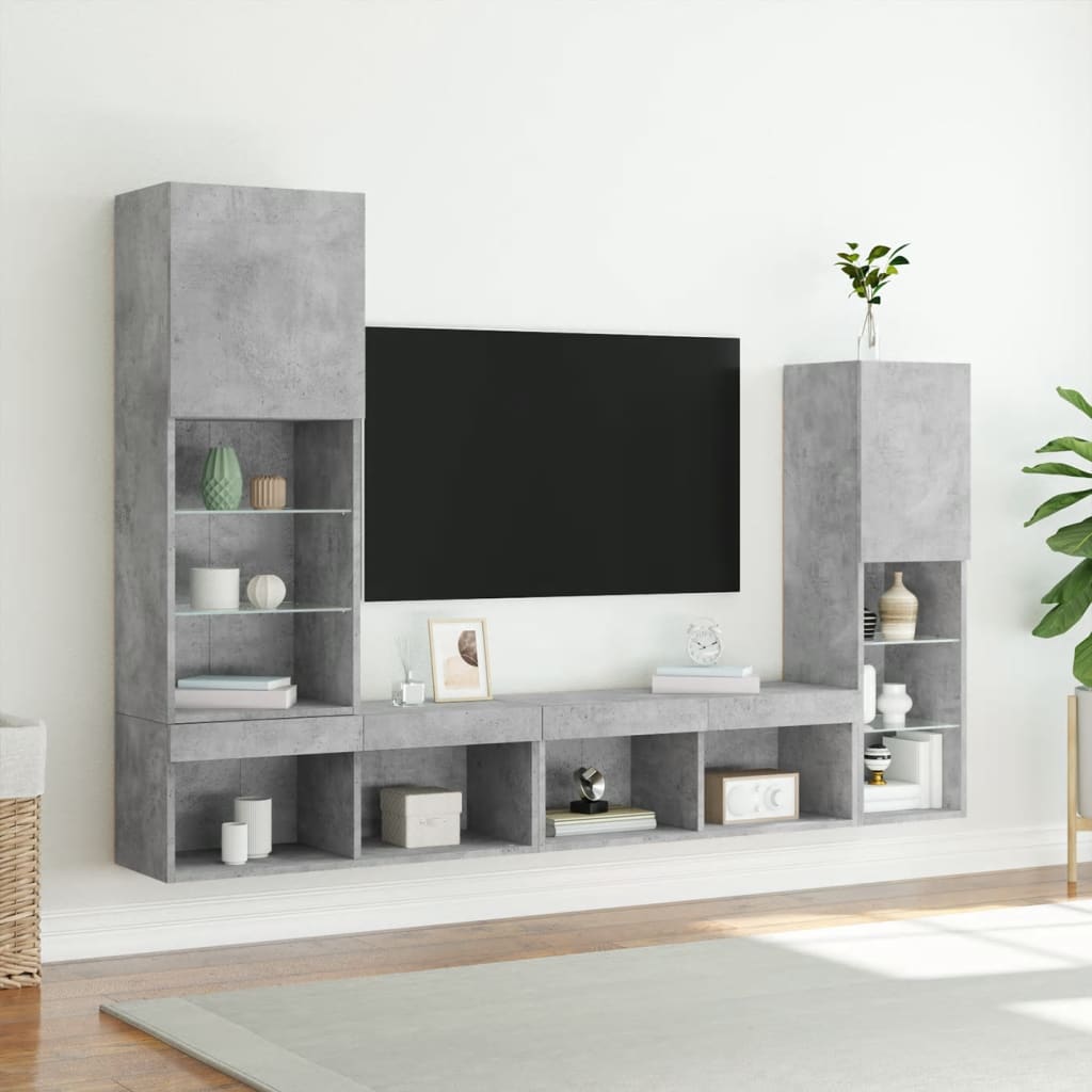 Sieninė TV sekcija su LED, 4 dalių, betono, apdirbta mediena
