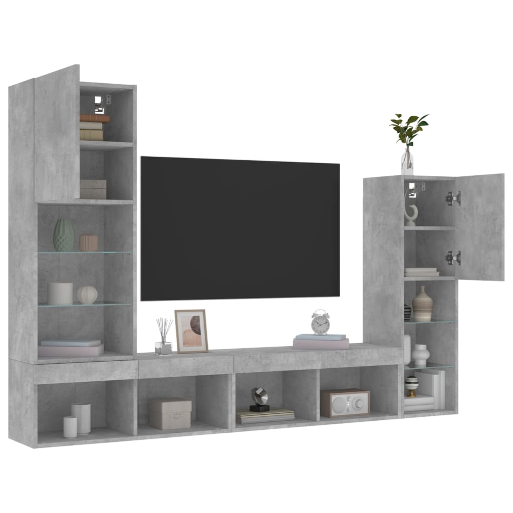 Sieninė TV sekcija su LED, 4 dalių, betono, apdirbta mediena