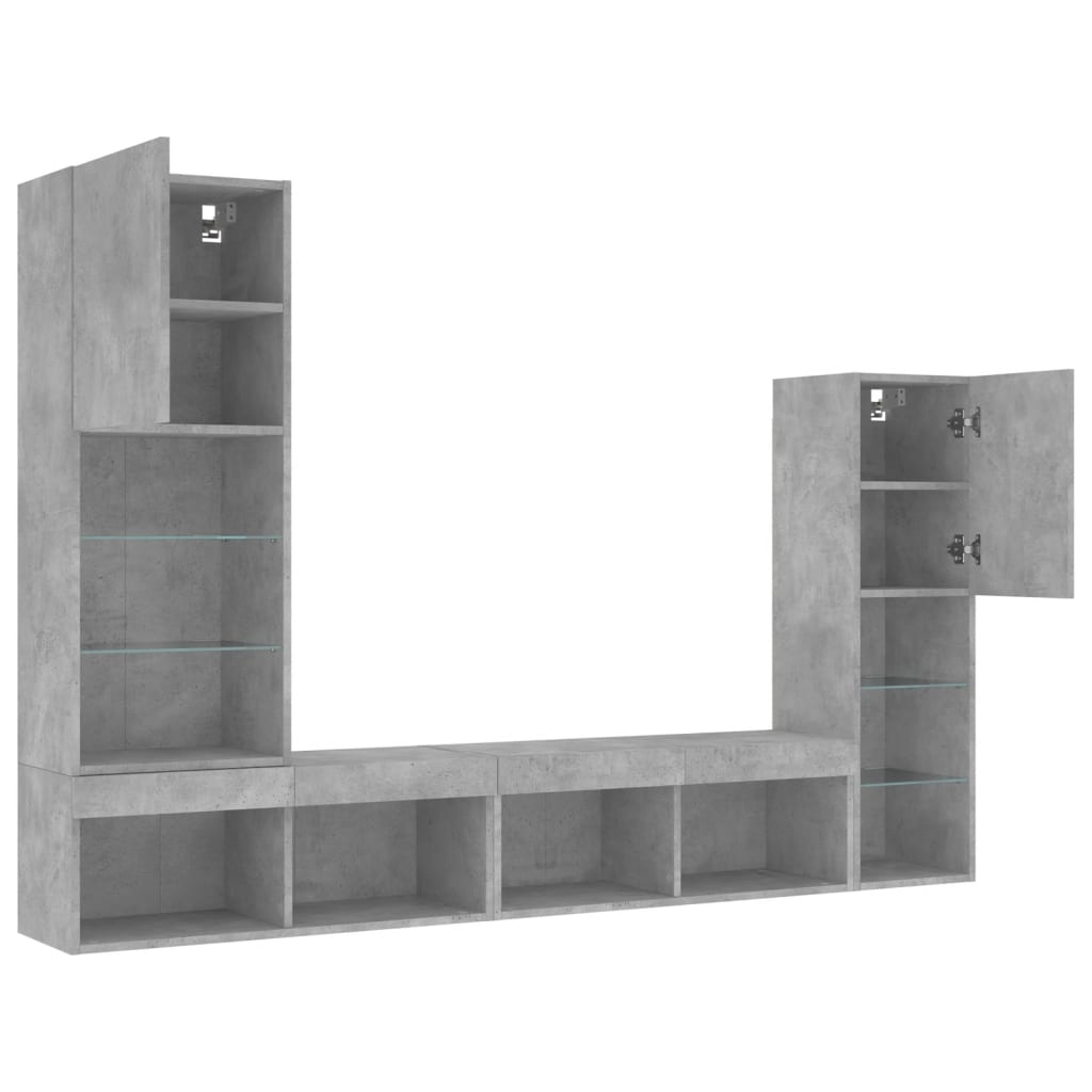Sieninė TV sekcija su LED, 4 dalių, betono, apdirbta mediena