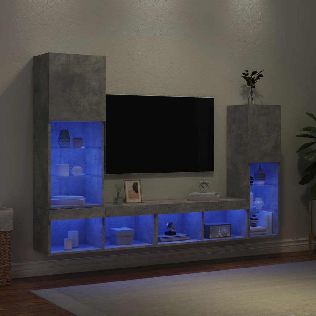 Sieninė TV sekcija su LED, 4 dalių, betono, apdirbta mediena