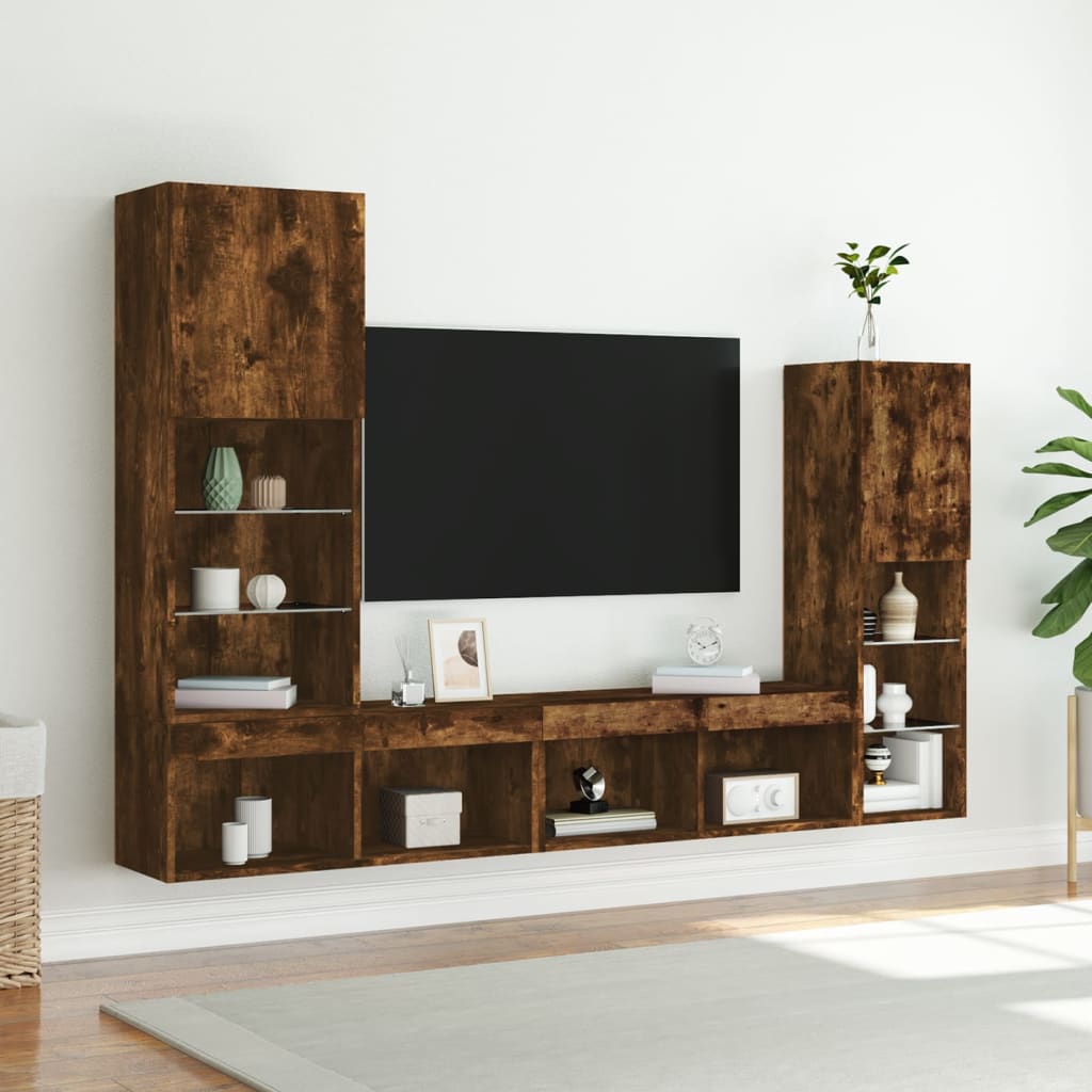 Sienas TV modulis ar LED, 4 daļas, dūmu ozols, koks