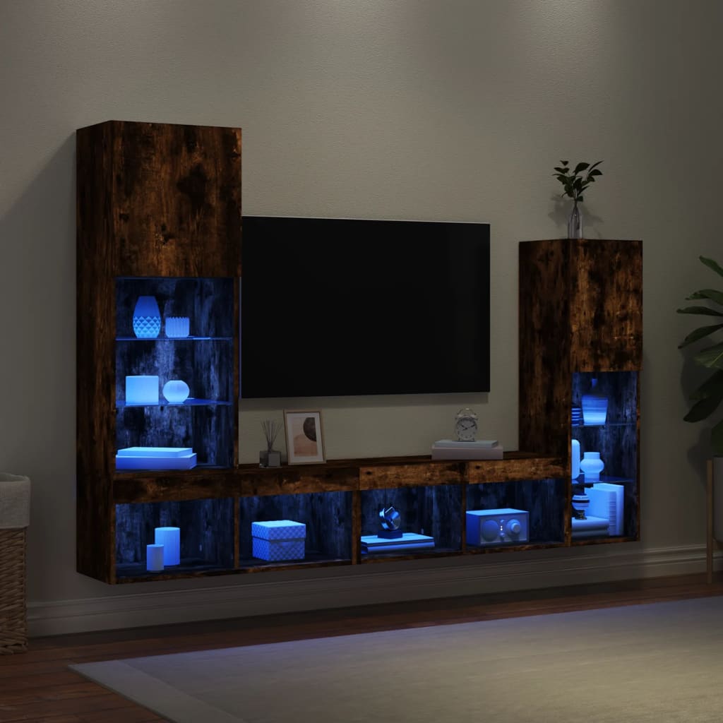 Sienas TV modulis ar LED, 4 daļas, dūmu ozols, koks