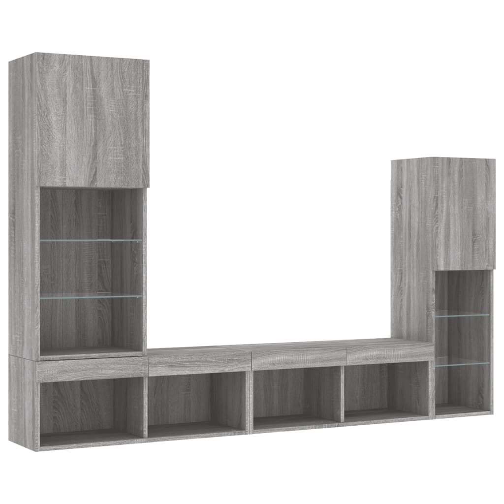 Sieninė TV sekcija su LED, 4 dalių, pilka ąžuolo, mediena