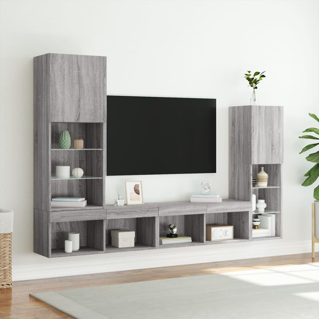 Sieninė TV sekcija su LED, 4 dalių, pilka ąžuolo, mediena