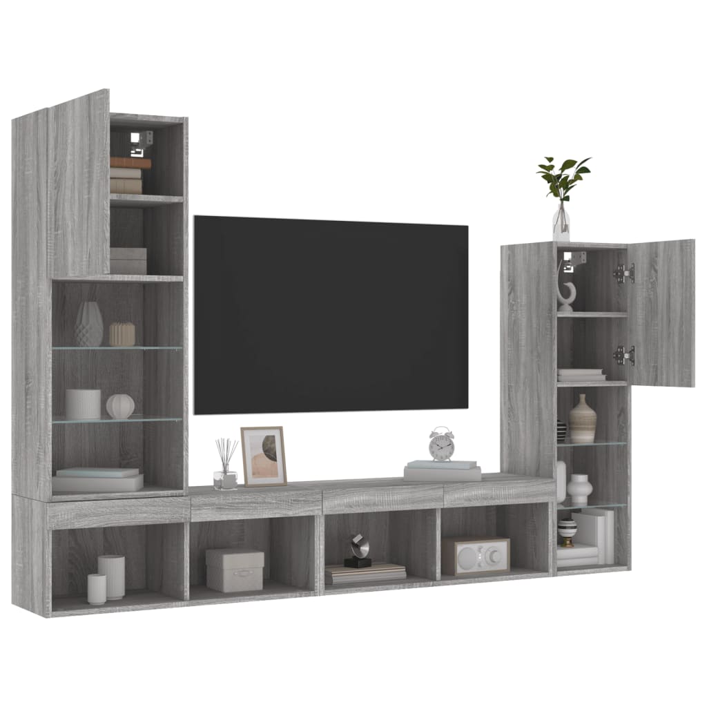 Sieninė TV sekcija su LED, 4 dalių, pilka ąžuolo, mediena