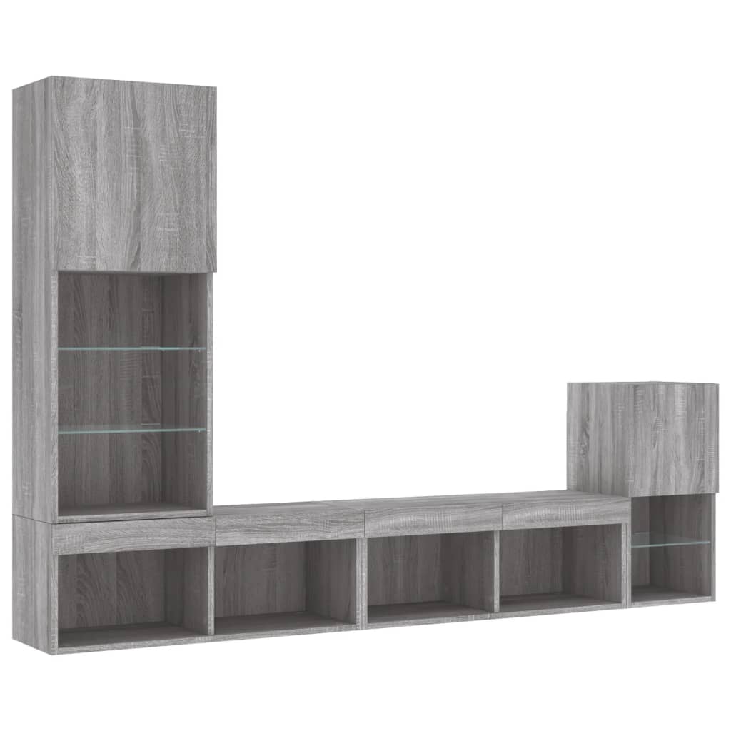 Sieninė TV sekcija su LED, 4 dalių, pilka ąžuolo, mediena