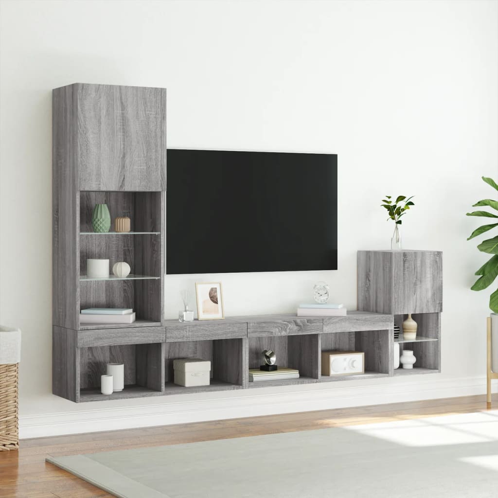 Sieninė TV sekcija su LED, 4 dalių, pilka ąžuolo, mediena