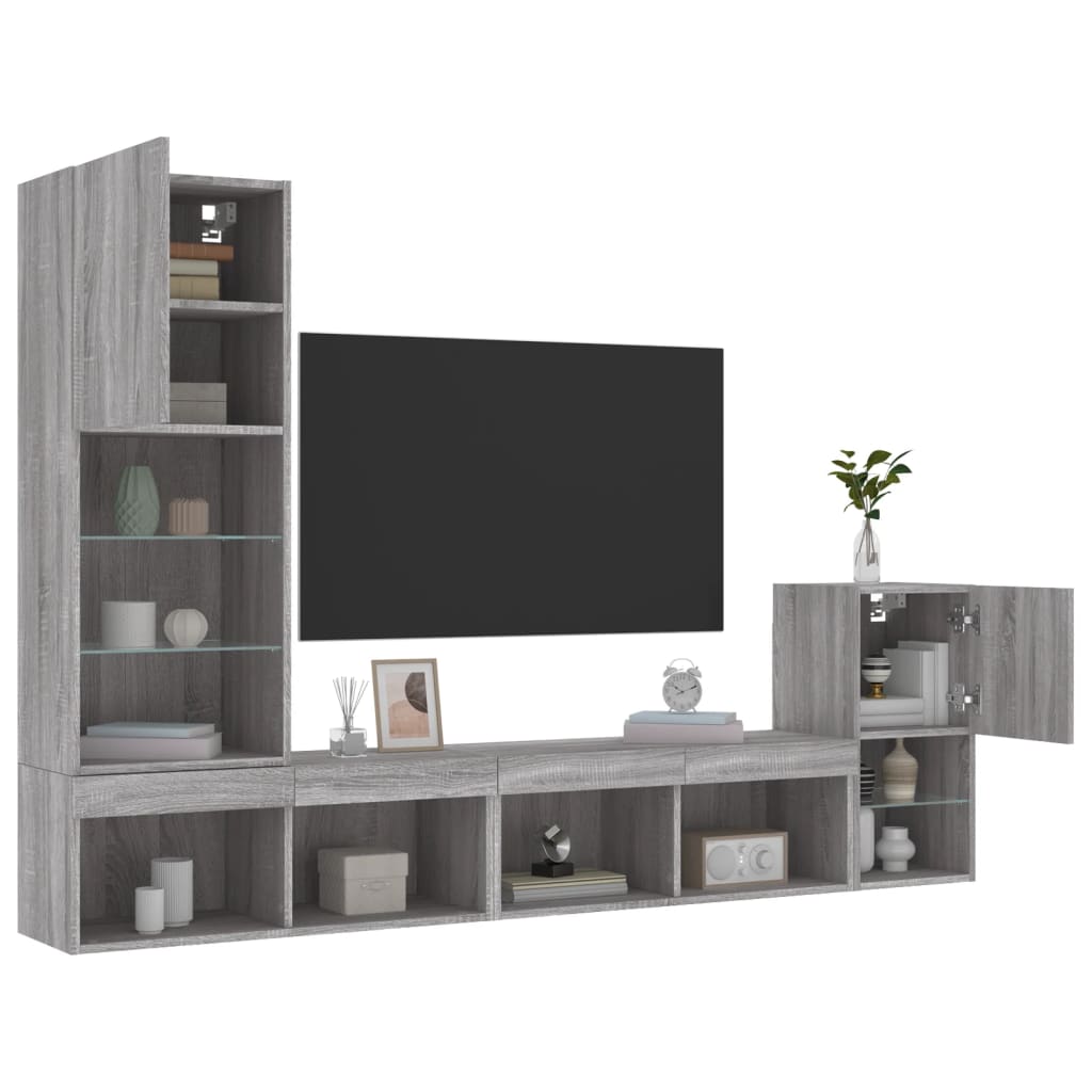 Sieninė TV sekcija su LED, 4 dalių, pilka ąžuolo, mediena