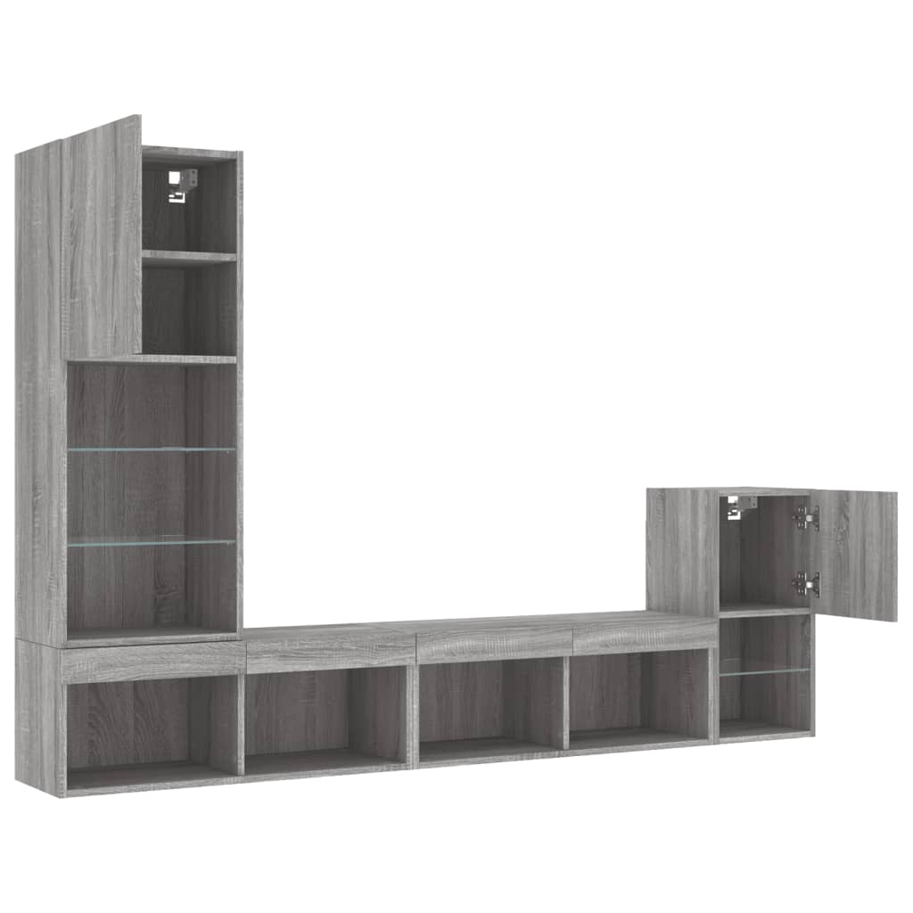 Sieninė TV sekcija su LED, 4 dalių, pilka ąžuolo, mediena