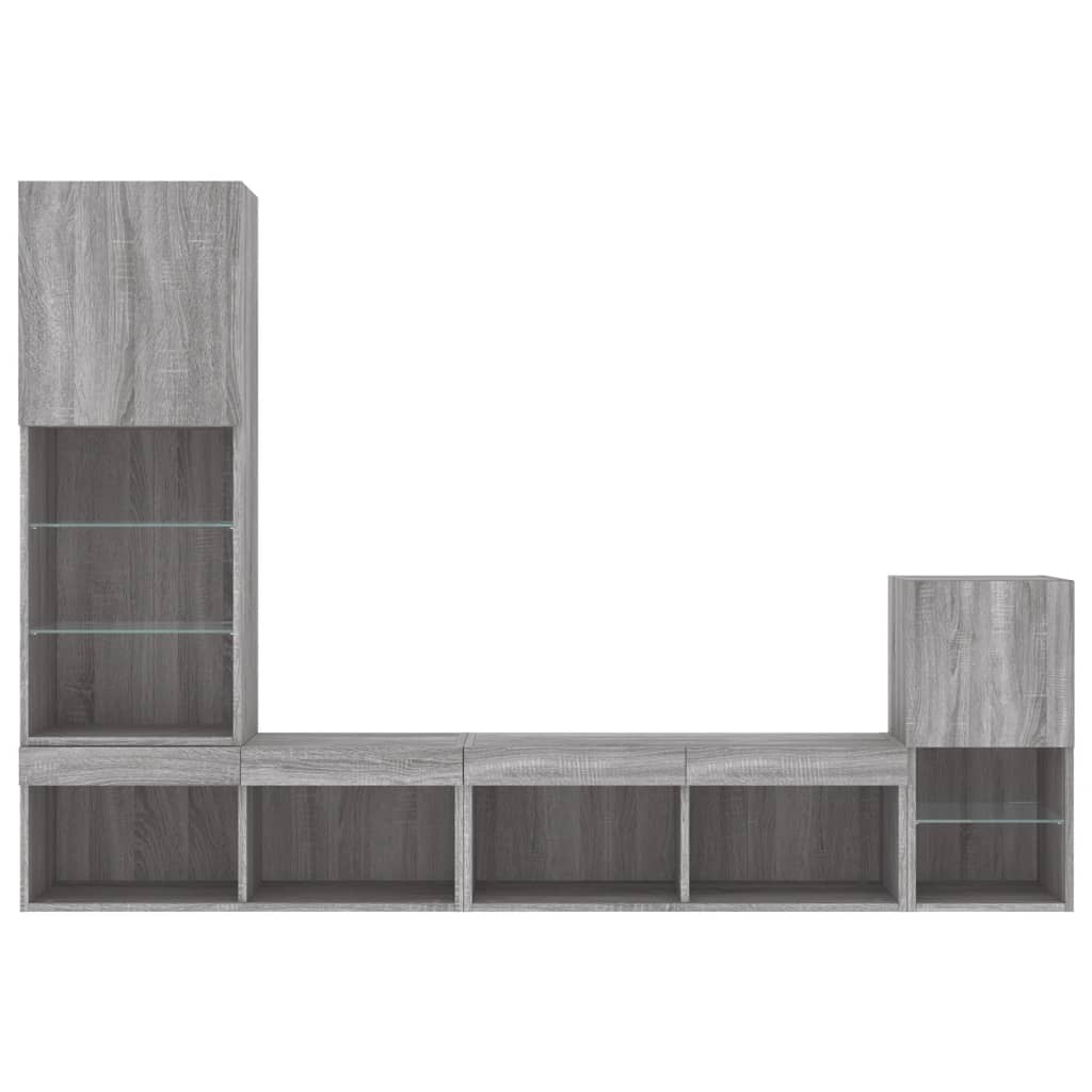 Sieninė TV sekcija su LED, 4 dalių, pilka ąžuolo, mediena