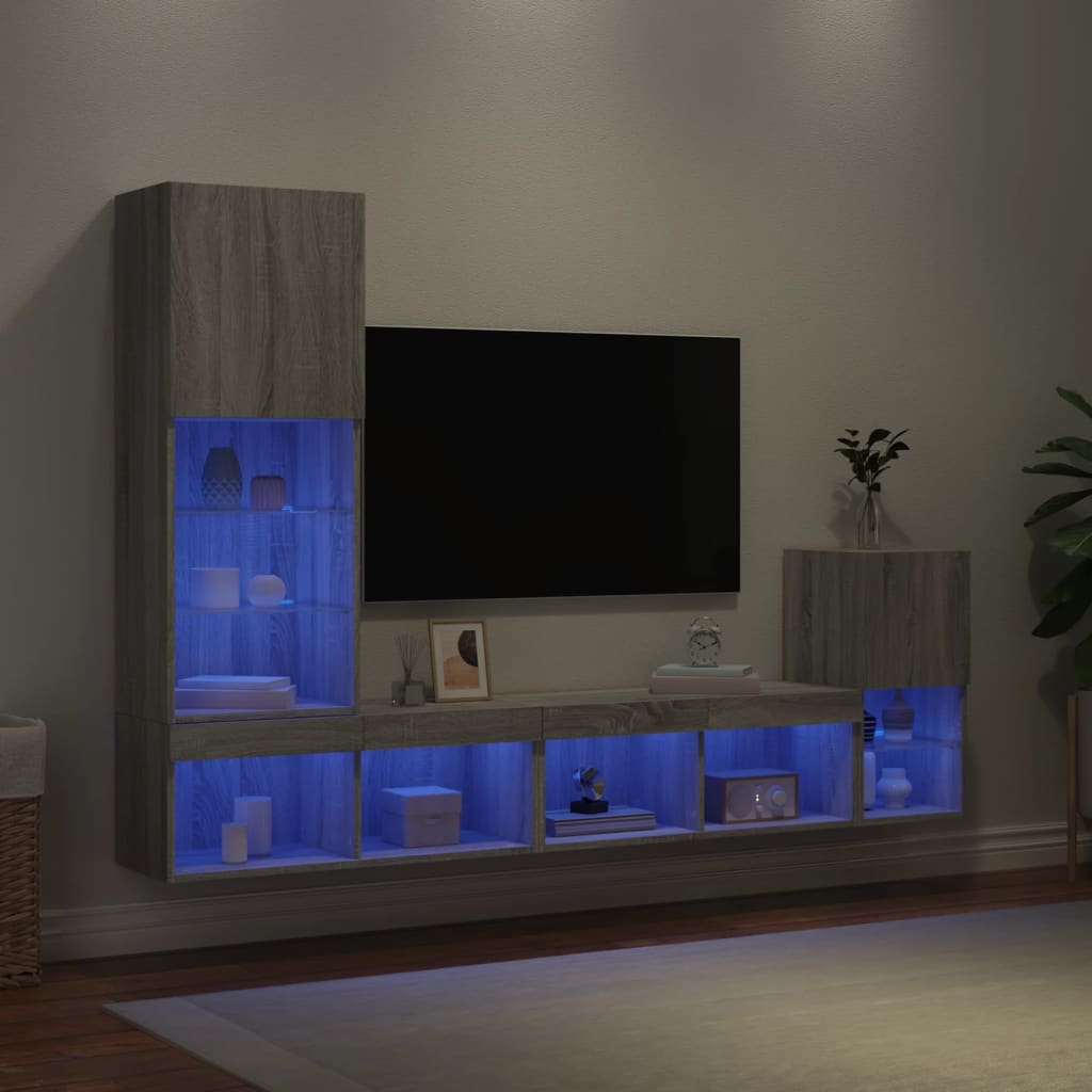 Sieninė TV sekcija su LED, 4 dalių, pilka ąžuolo, mediena