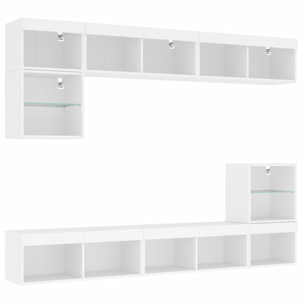 Sieninė TV sekcija su LED, 8 dalių, balta, apdirbta mediena