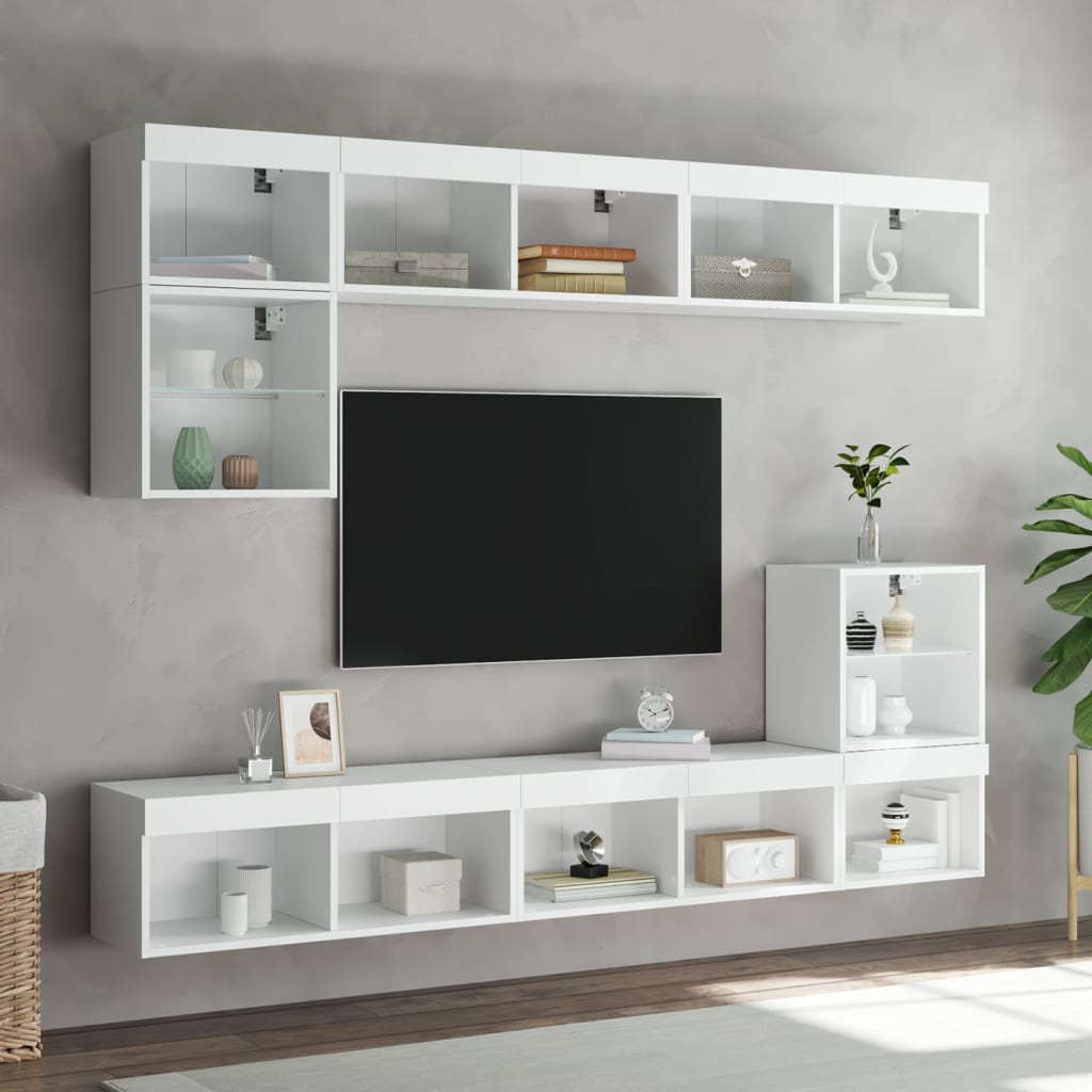 Sieninė TV sekcija su LED, 8 dalių, balta, apdirbta mediena