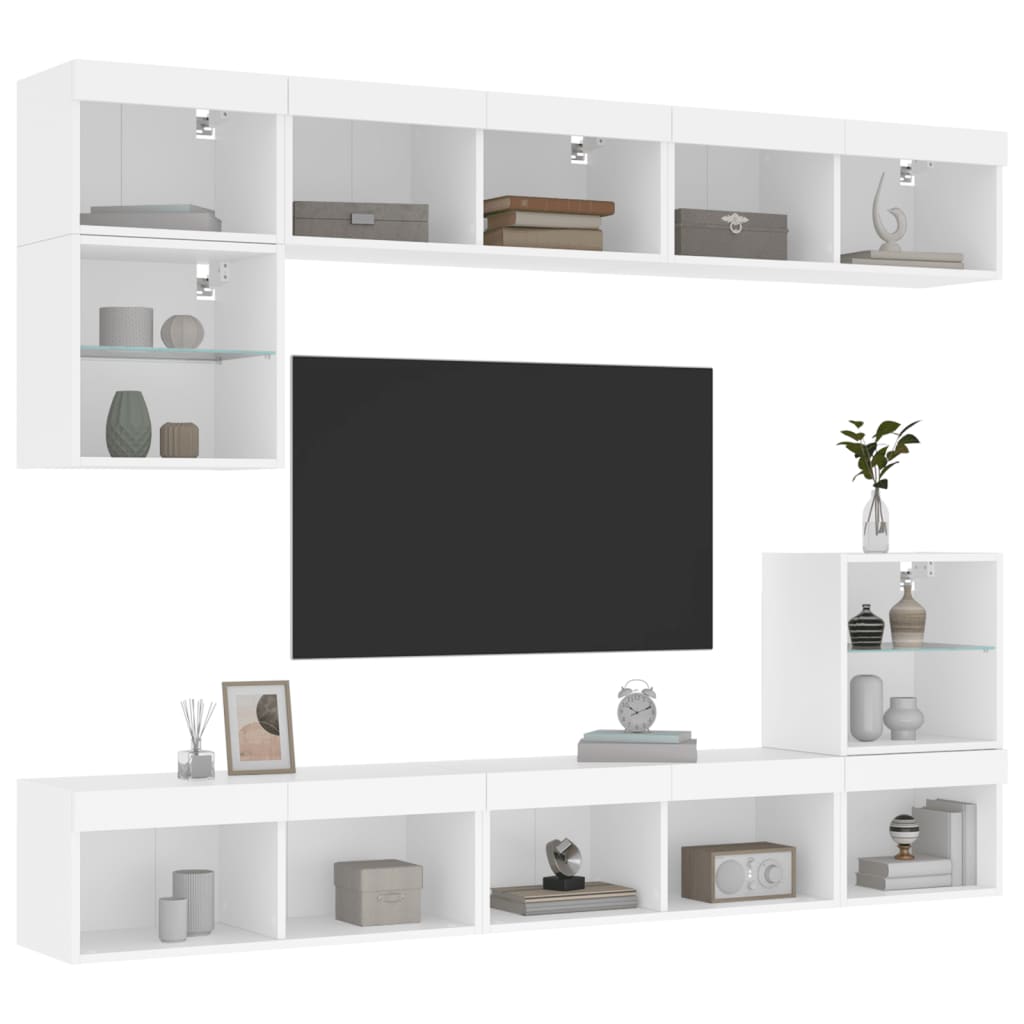 Sieninė TV sekcija su LED, 8 dalių, balta, apdirbta mediena