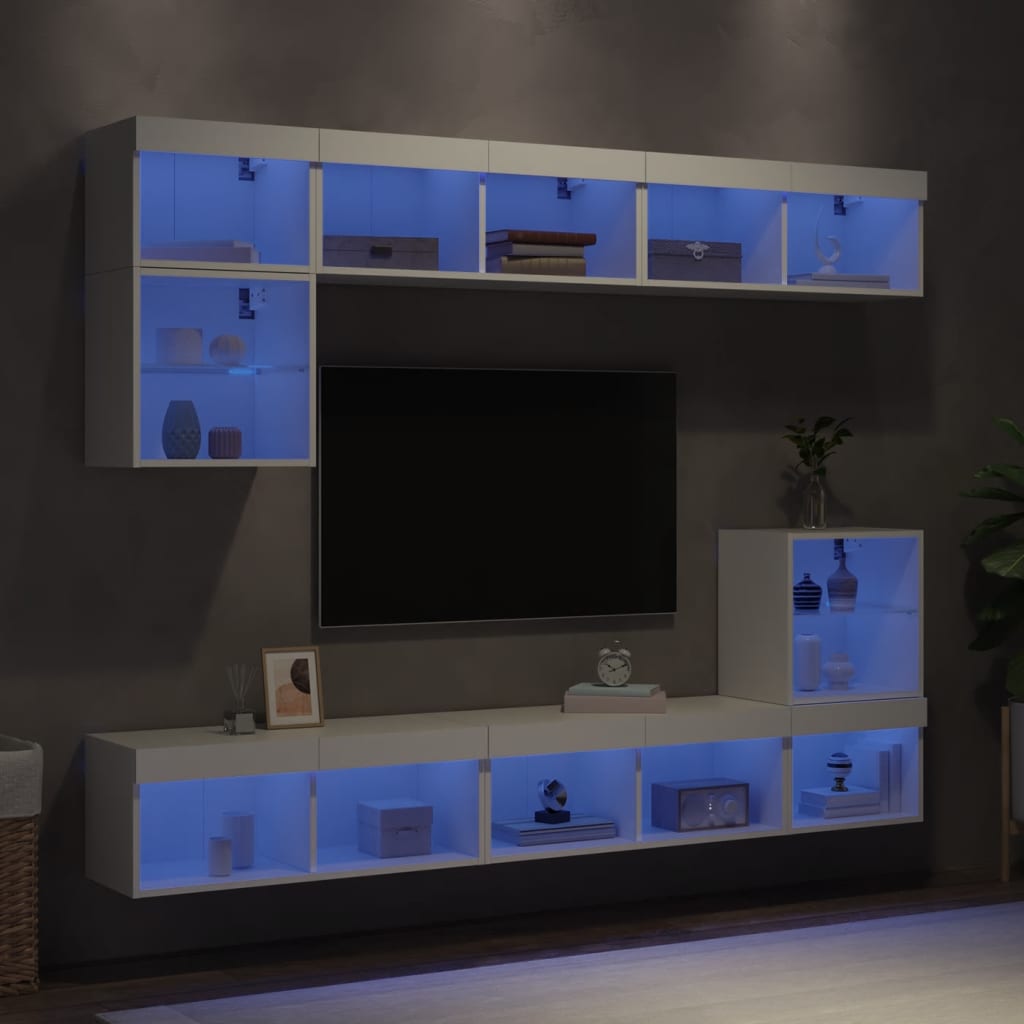 Sieninė TV sekcija su LED, 8 dalių, balta, apdirbta mediena