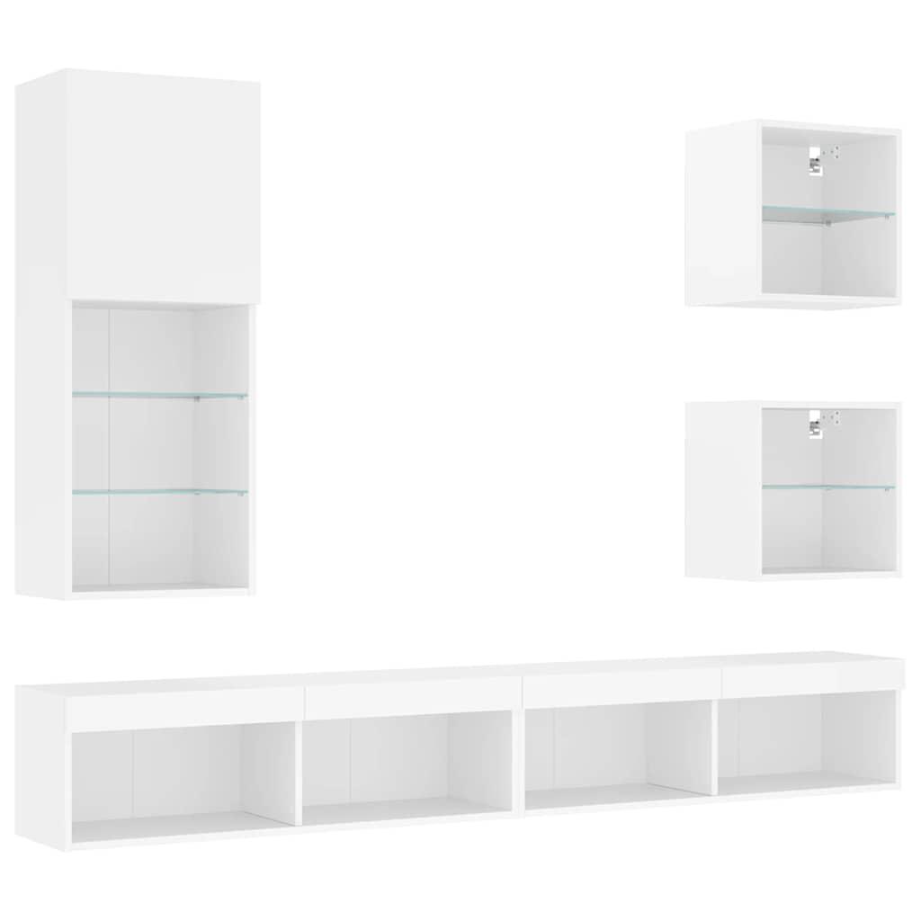 LED sienas TV skapis, 5 daļas, balts, inženierijas koks