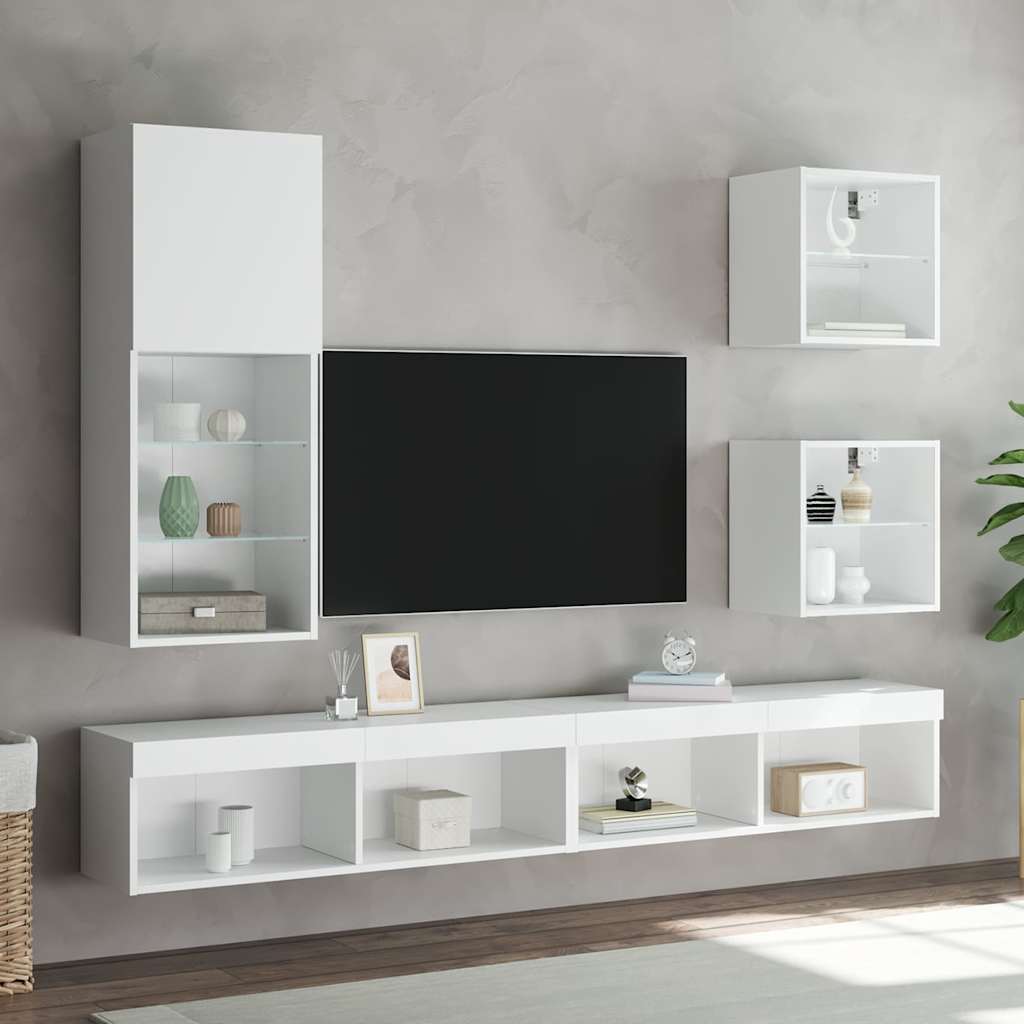 LED sienas TV skapis, 5 daļas, balts, inženierijas koks