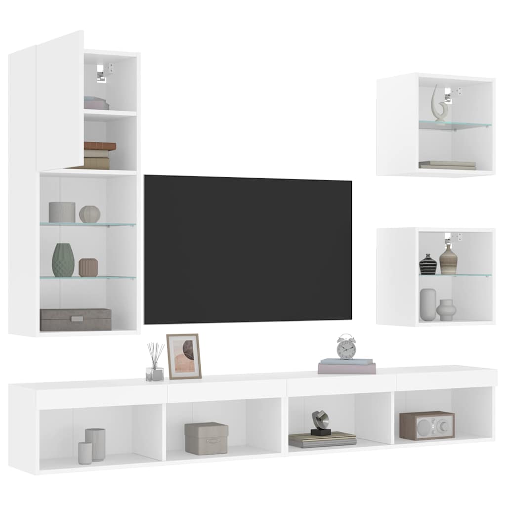 LED sienas TV skapis, 5 daļas, balts, inženierijas koks