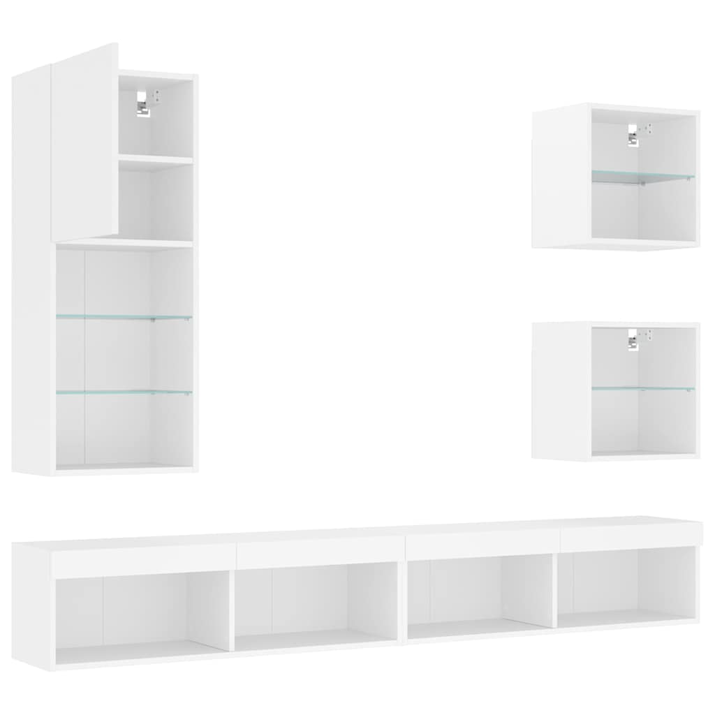 LED sienas TV skapis, 5 daļas, balts, inženierijas koks