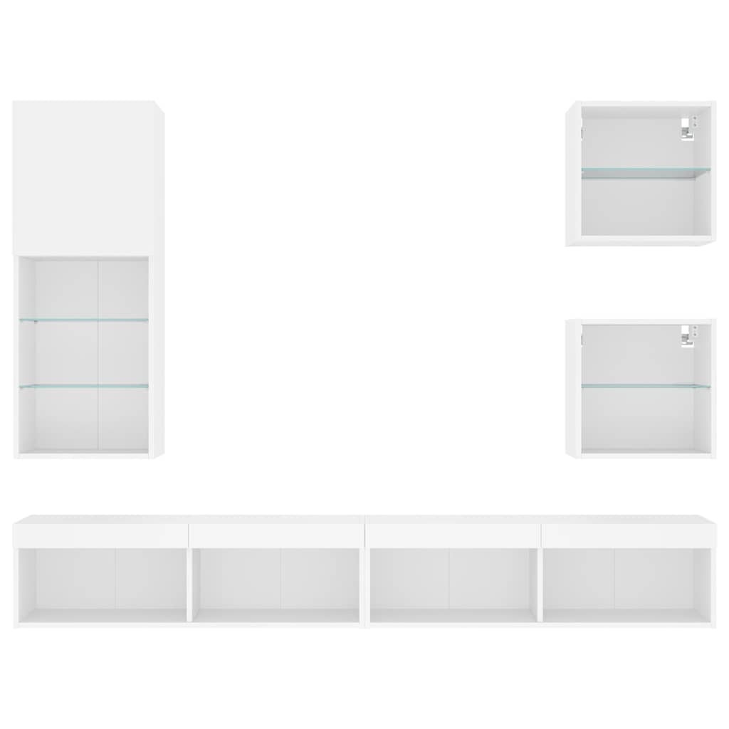 LED sienas TV skapis, 5 daļas, balts, inženierijas koks