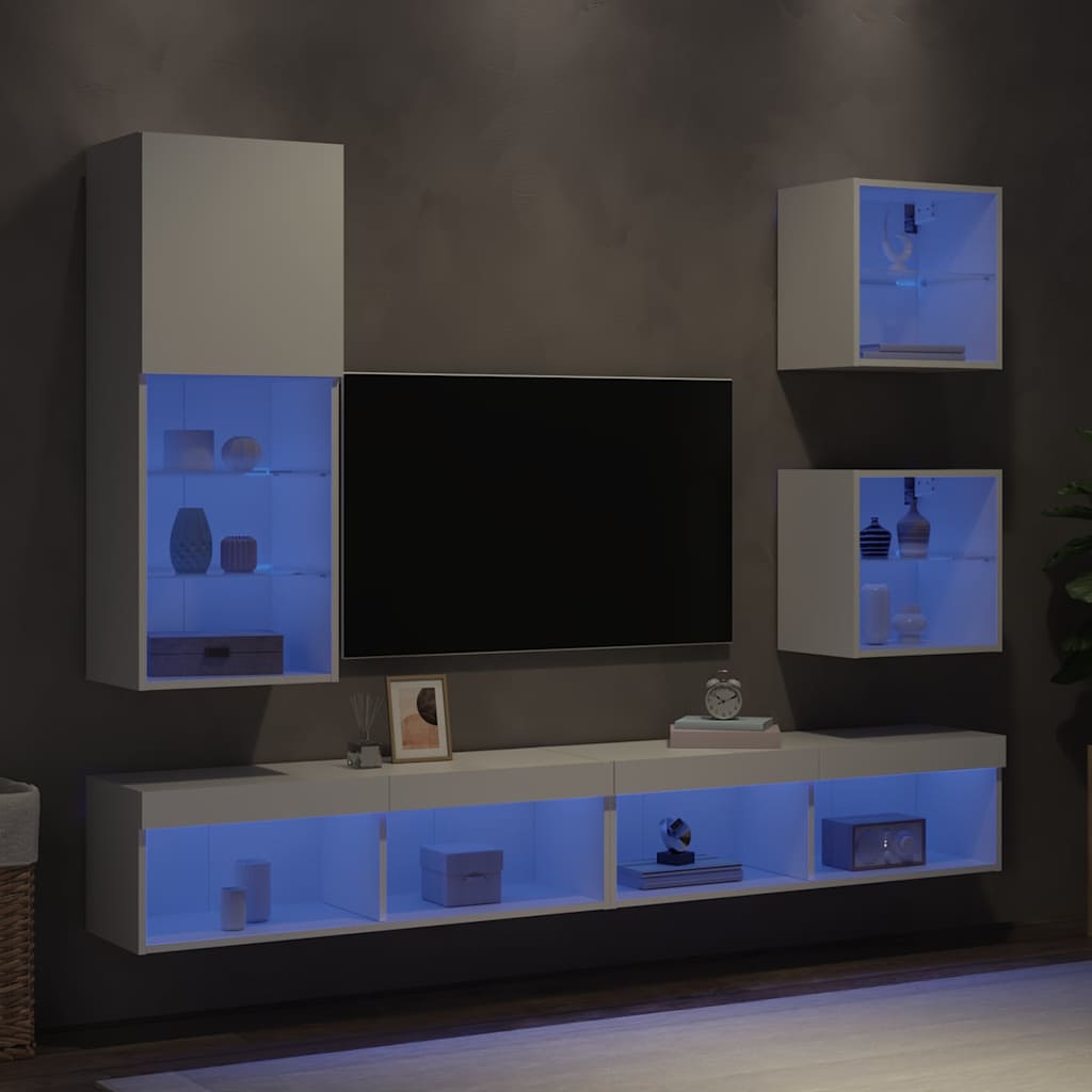 LED sienas TV skapis, 5 daļas, balts, inženierijas koks