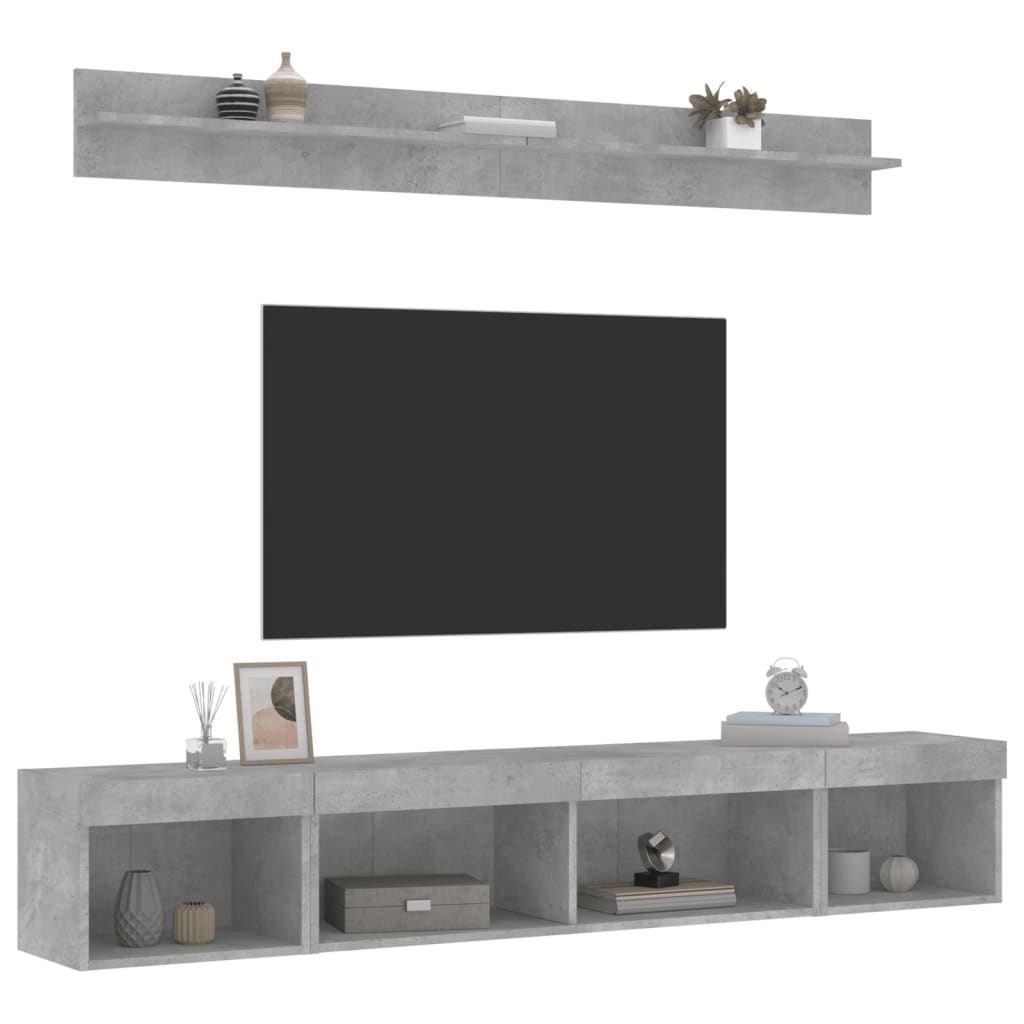 Sieninė TV sekcija su LED, 5 dalių, betono, apdirbta mediena