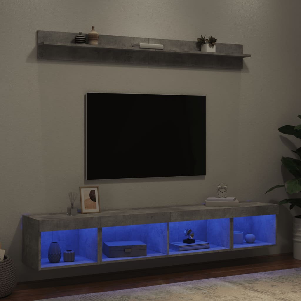 Sieninė TV sekcija su LED, 5 dalių, betono, apdirbta mediena