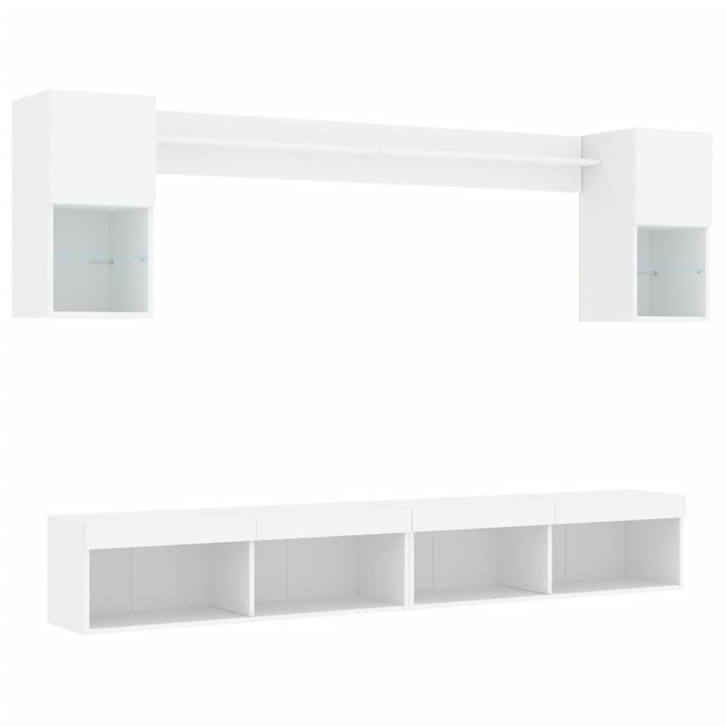 Sieninė TV sekcija su LED, 6 dalių, balta, apdirbta mediena